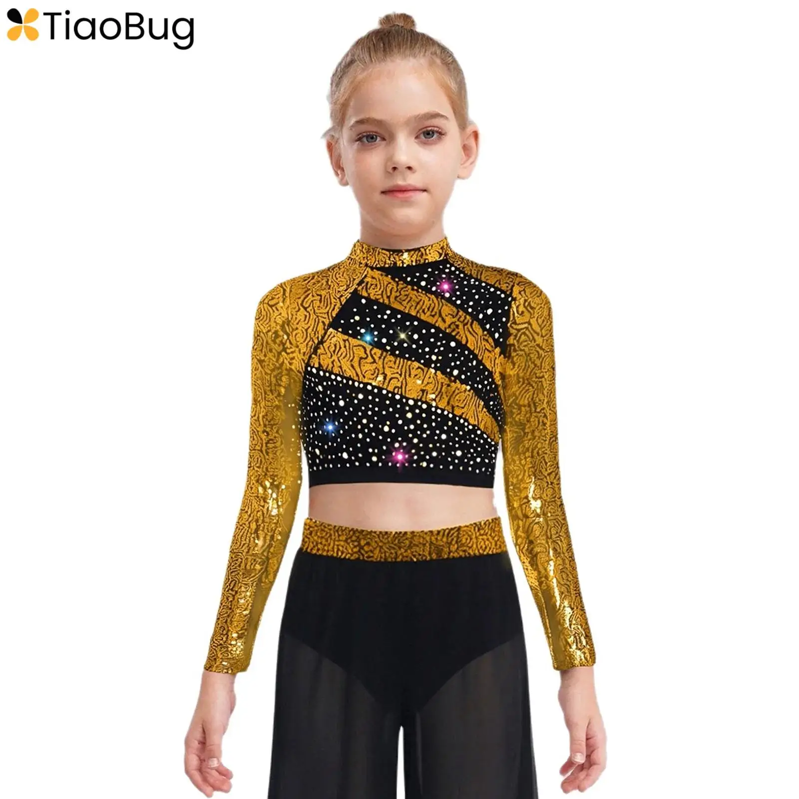 

Kids Girls Jazz Hip-hop Dance Tops Long Sleeve Sparkly Sequins Rhinestones Cutout Back Cropped Top for Gymnastics Performance