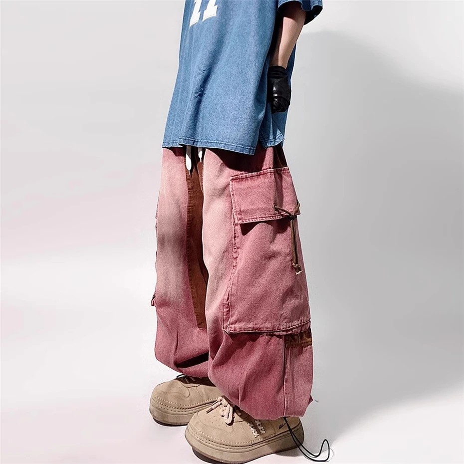 

Pink Joggers Cargo Jeans Men Streetwear Hip Hop Washed Wide-leg Trousers Harajuku Vintage Baggy Elastic Waist Casual Denim Pants