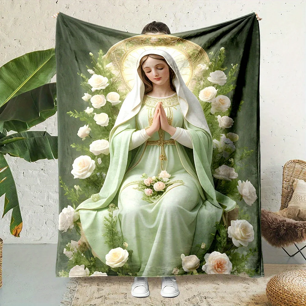 Virgin Mary & Cross Flannel Blanket, Christmas Decor, All-Season Cozy Throw, Perfect Gift for Loved Ones, for Sofa, Bed, Office