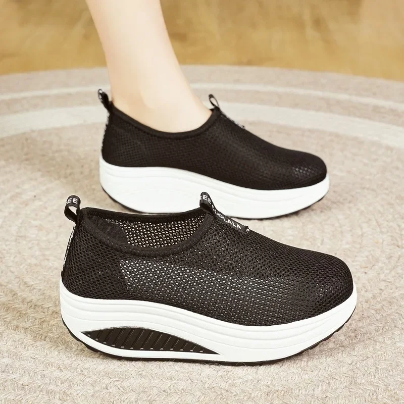 Summer Women's Sneakers Breathable Knitted Mesh Shoes Fashion Platform Wedges Heel Rocking Shoes Casual Slip-on Walking Shoes