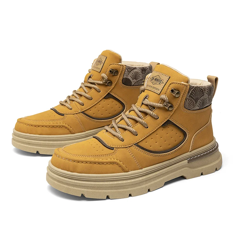 Men's High Top Leather Shoes Work Yellow Boots Thick Bottom Casual Boots Fashion Outdoor Hiking Shoes Mens Boots