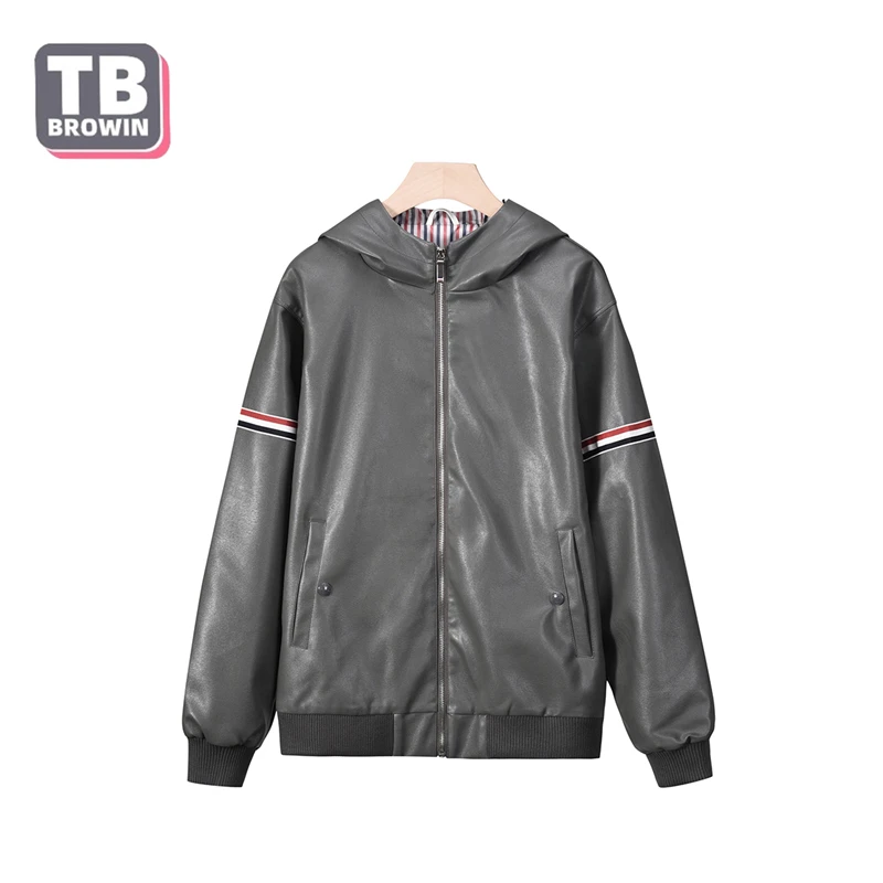 TB YJ01 Brand Men's pu jacket coat Four bars luxury hooded leather classic striped casual lapel pocket slim