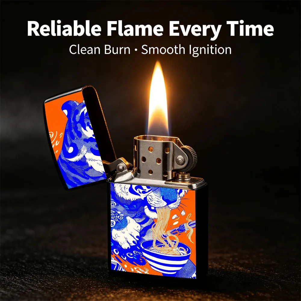 Pocket Lighter, Flip-Open Windproof Design, Tiger Eating Noodles Illustration with Chopsticks and Spoon, Metal Case, Comfortable Grip, Refillable, Portable