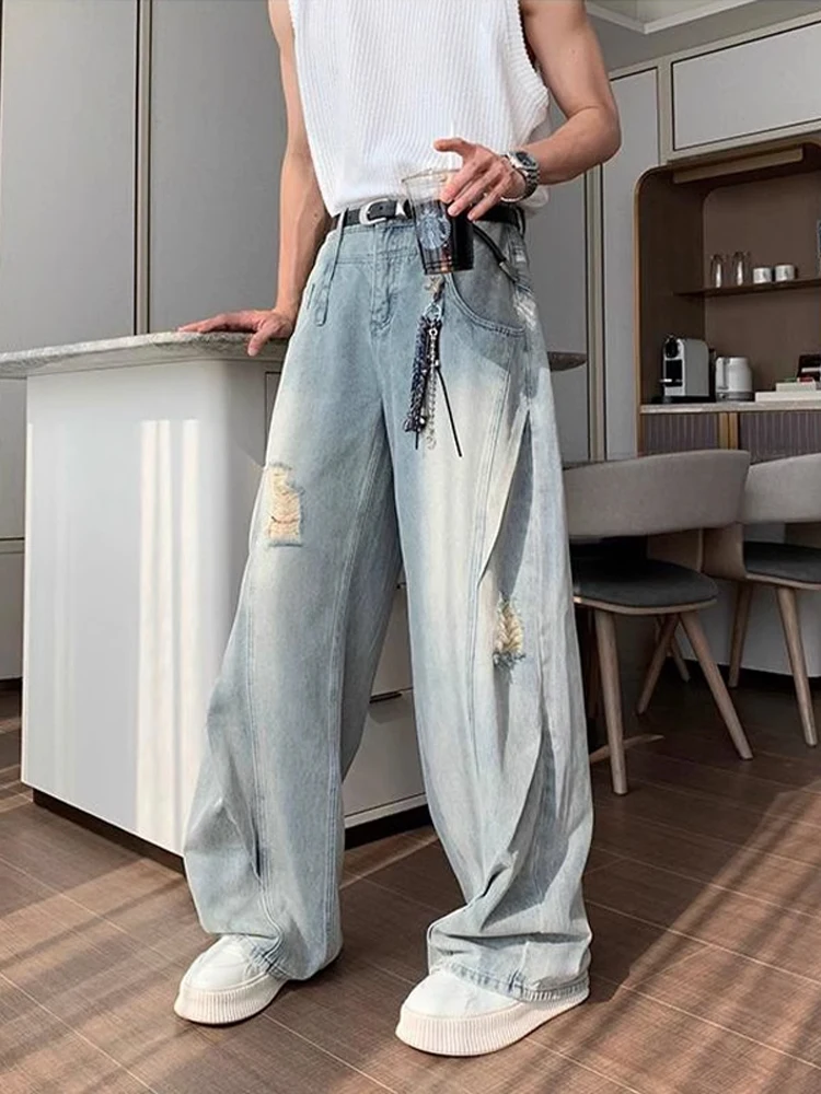 Cleanfit Light Blue Ripped Denim Jeans Men Summer Thin American High Street Knife  Loose Straight Tube Breathable Jeans