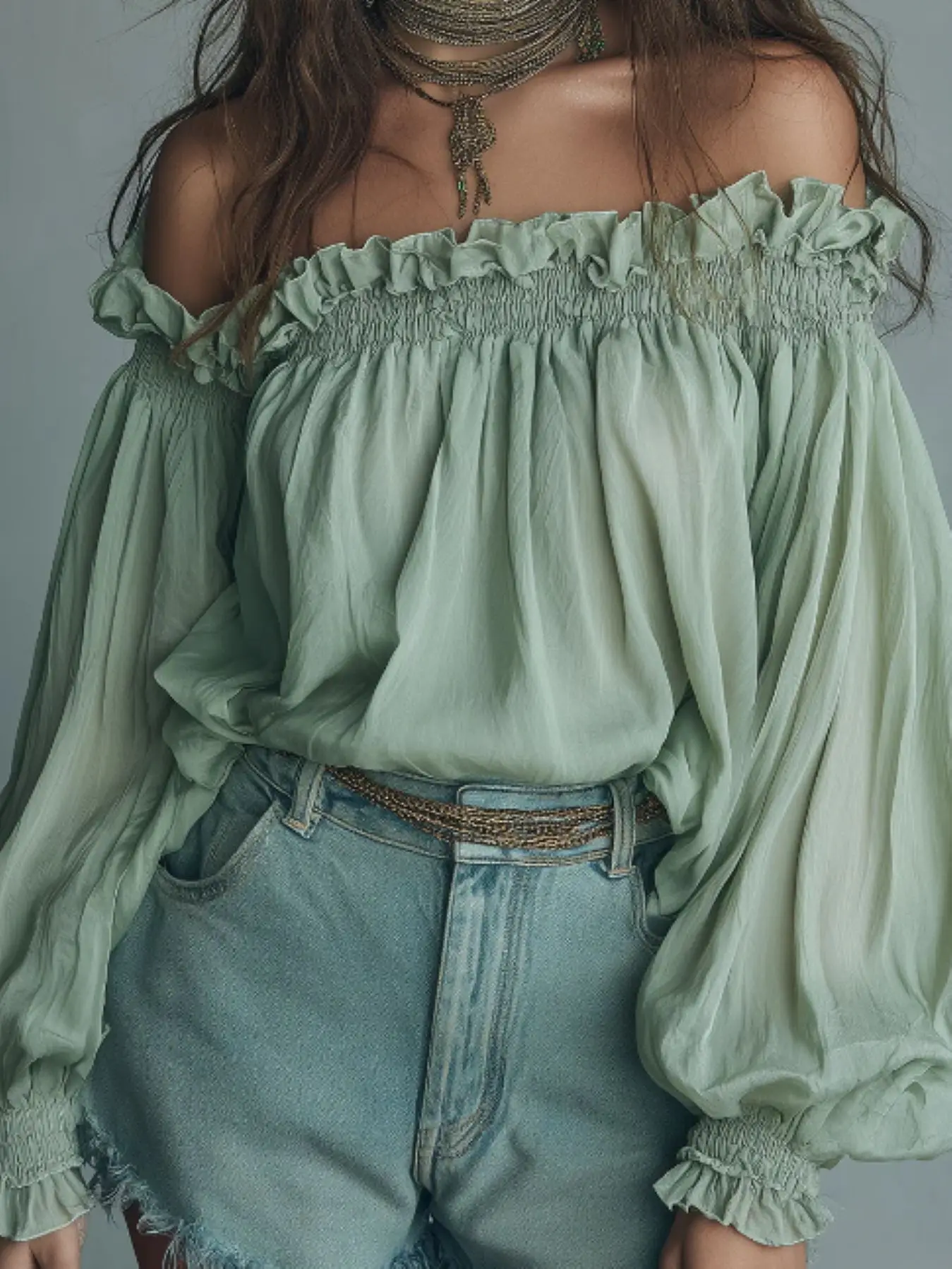 Mint Green Off-the-Shoulder Ruffle Top, Elasticated Bubble-Sleeve Loose-Fit Shirt, Bohemian-Style Delicate Off-the-Shoulder Top