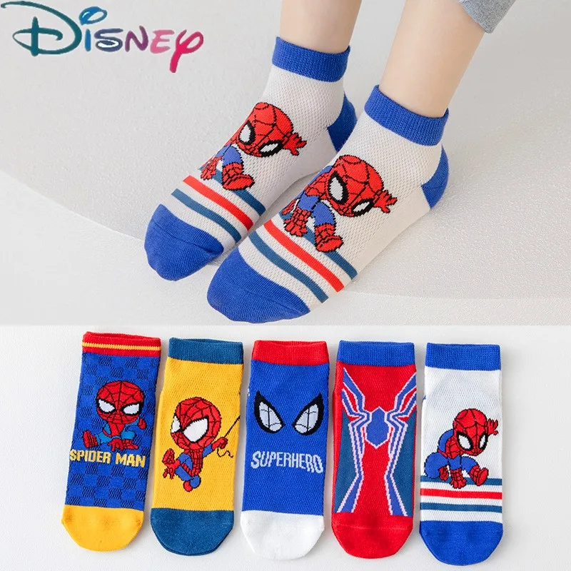 5 Pairs Spiderman Children's Socks Disney Marvel Anime Baby Summer Mesh Section Boat Sock Cartoon kids Boys Short Socks 1-12 Y