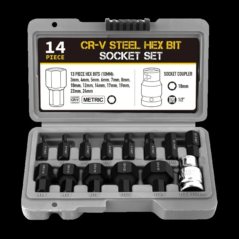 14Pcs Hex Socket Set, Impact Wrench  Bit Socket H6 H8 H10 H12 for Air Gun Electric Wrench