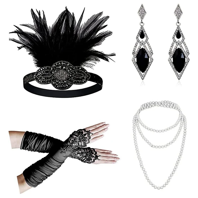 

1920S Gatsby Cosplay Accessories Set Black More Perfect For Women Flapper Headband 20S Headpiece Necklace Gloves