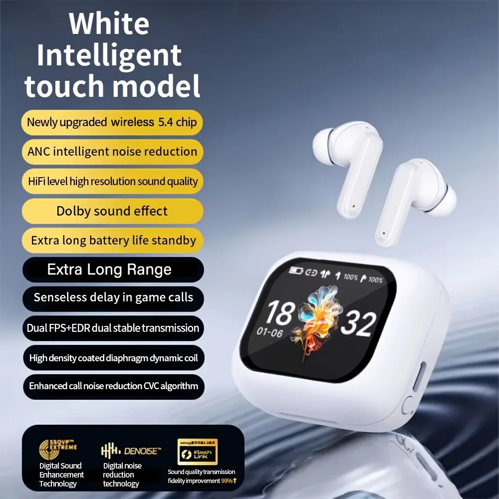 Touch Screen Earbuds Wireless Earbuds - Active Noise Cancelling Earbuds ANC with Smart Touch Screen - Ear Earbuds with Wireless