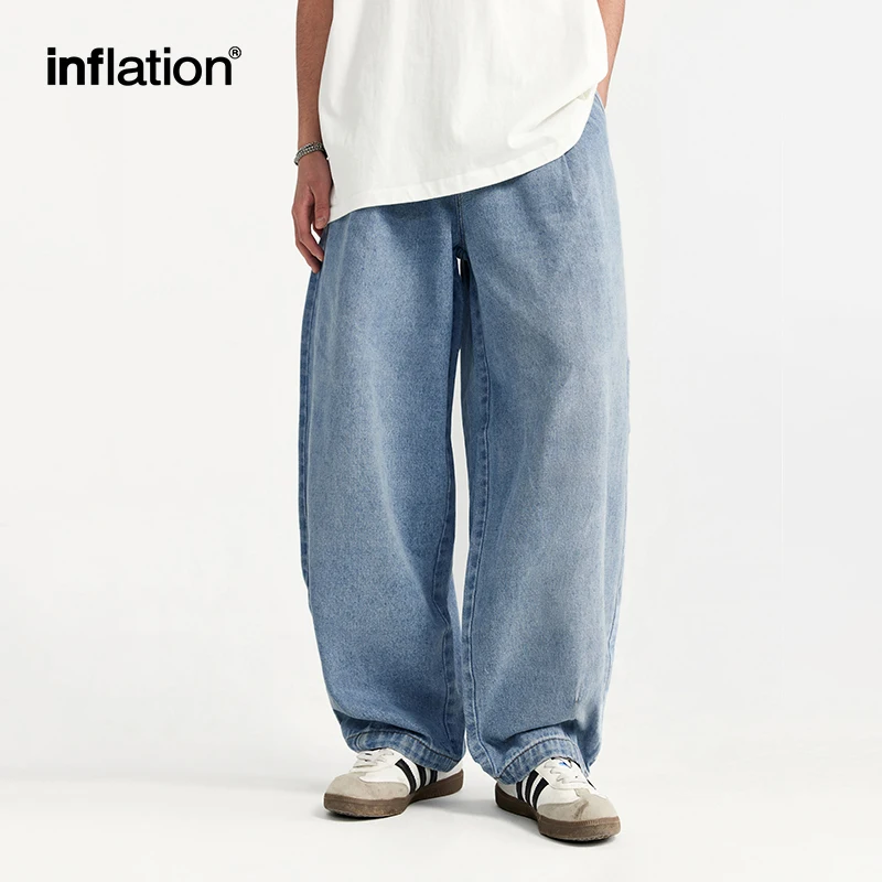 INFLATION Mens Blue Acid-washed Carrot-Fit JeansElastic Waist Denim Trousers