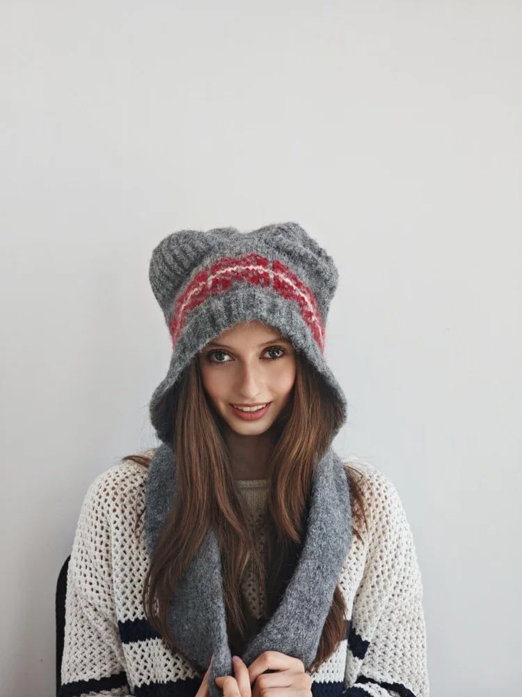 مجموعة قبعات وشاح متماسكة على شكل دب لطيف للنساء - قبعة شتوية دافئة وأنيقة مع صوف 35%، رمادي - الكل في واحد لتدفئة الرقبة وها #6