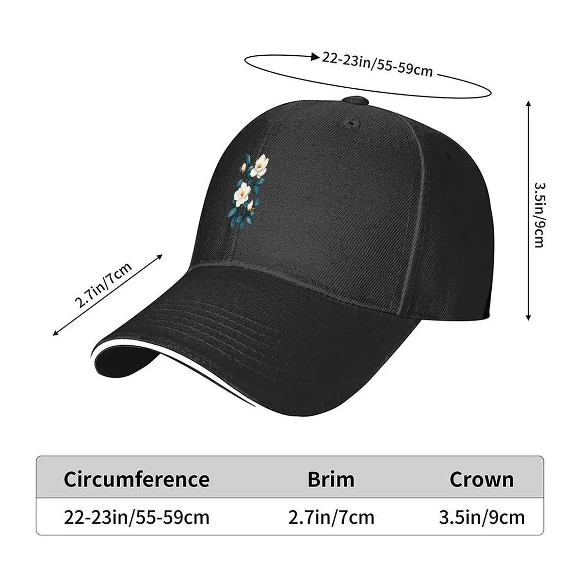 White Magnolia Blossoms Blue Leaves Botanical Floral Sandwich Baseball Cap