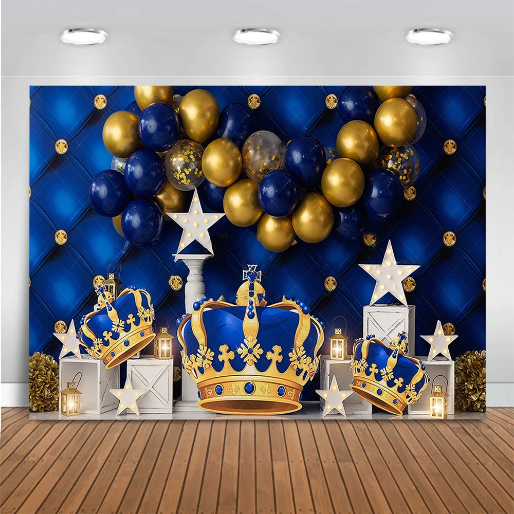 Royal King Blue Balloon Photo Background Golden Crown Boy Baby Shower Birthday Photography Backdrop Cake Smash Photo Studio Prop