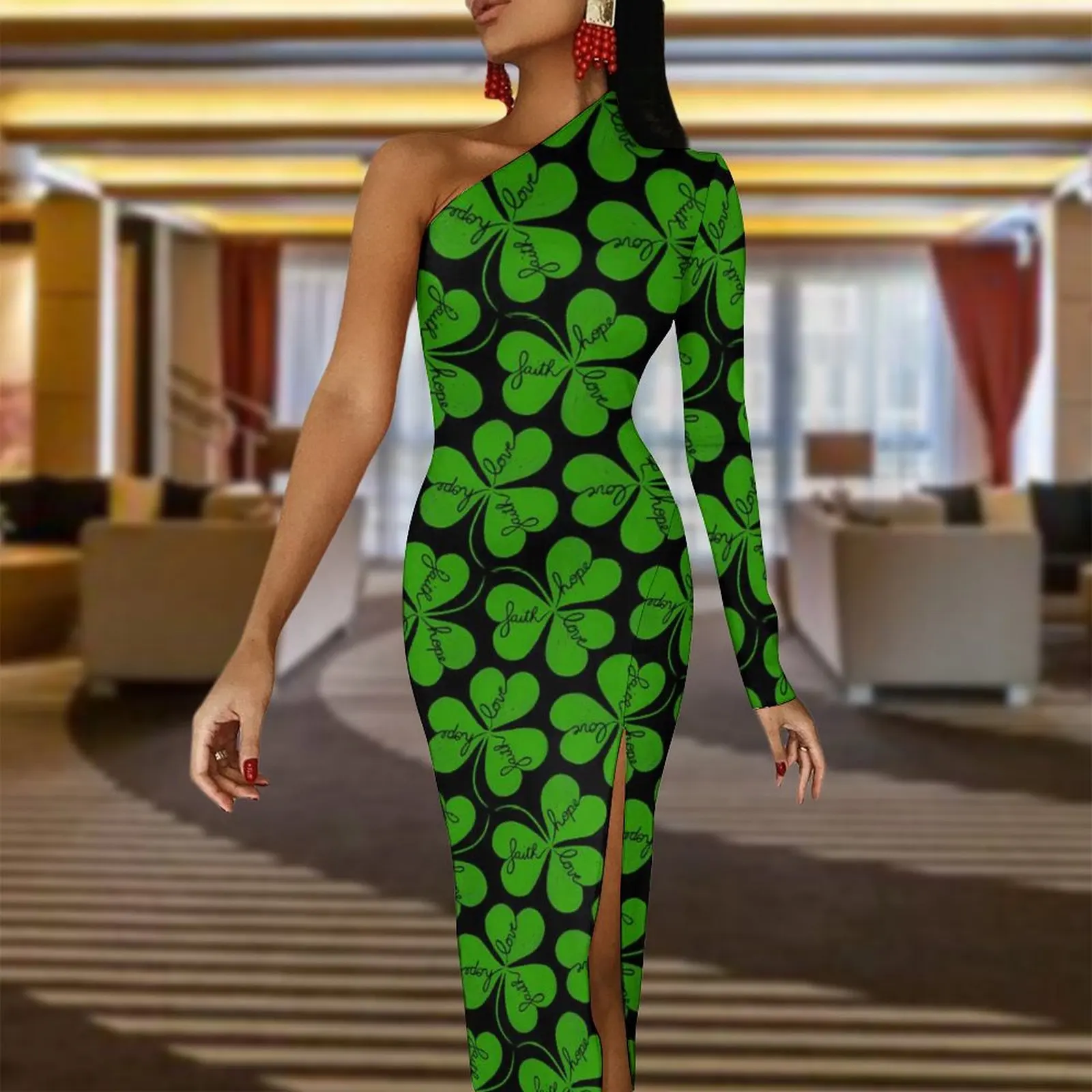 St Patricks Day Maxi Dress Long Sleeve Green Shamrock Pretty Bodycon Dress Autumn Streetwear Long Dresses Womens Design Vestido