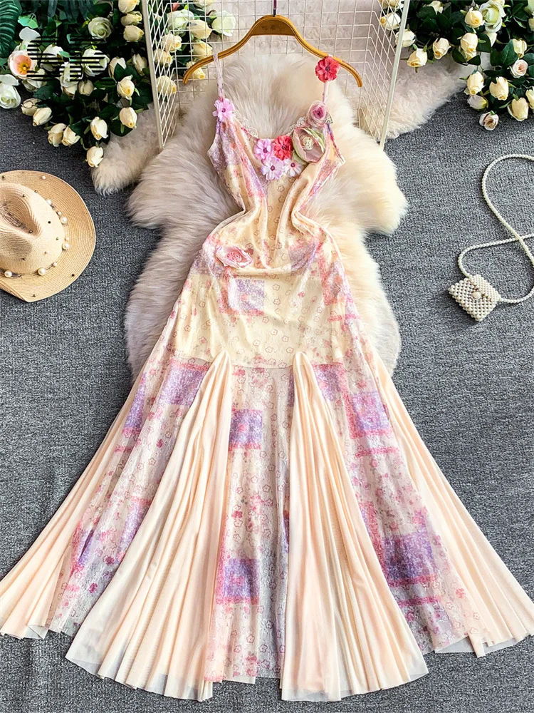 SINGREINY 3D Floral Mesh Sundress Ladies French Print Splice Sling A-line Slim Gentle 2026 Summer Romantic Vacation Long Dresses