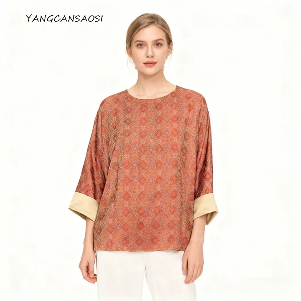 

2025 Women's Fashion Autumn Clothing 100% Natural Mulberry Silk Song Brocade Round Neck Grid Window Flower Print Loose Top