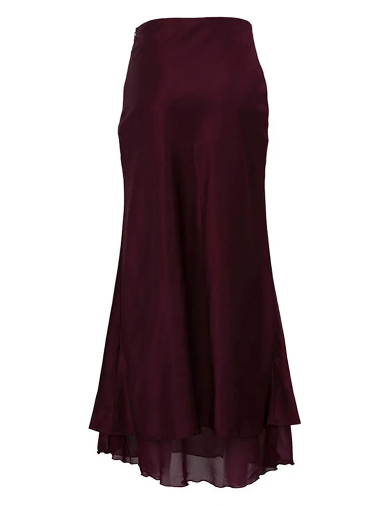 BluWin Satin Ruffled High Waist Long Skirt Female Patchwork Solid Elegant Commute Streetwear Women's Summer 2025 New Maxi Skirt