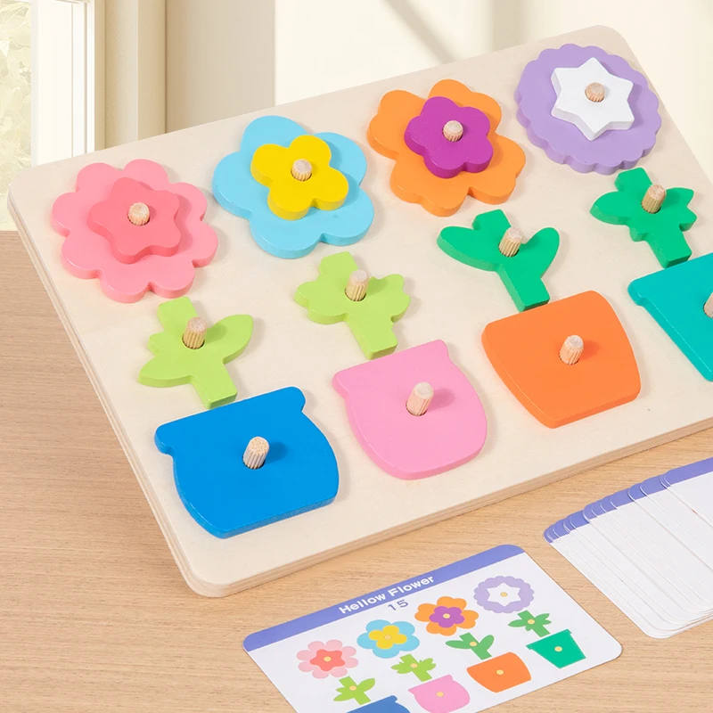 Lavagna puzzle abbinata ai fiori in legno: viene fornita con biglietti da sfida, riconoscimento dei colori e abilità di corrispondenza dei modelli per bambini