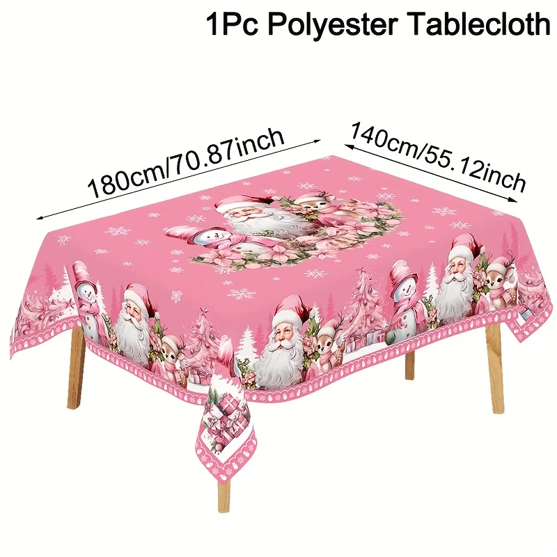 One piece of pink Christmas tablecloth made of polyester, featuring a Santa Claus and snowman pattern