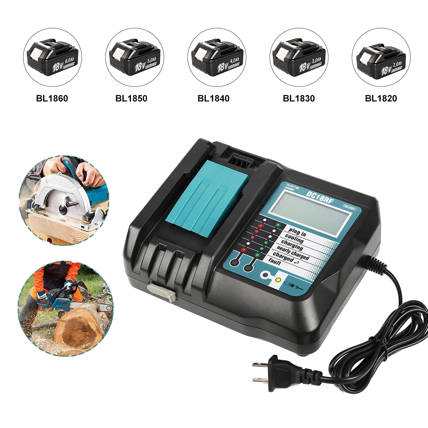 Newest DC18RF Li-ion Super Fast Charger for Makita 14.4V-18V Lithium Battery BL1860B,BL1830,,BL1415 with LED Screen, USB Port