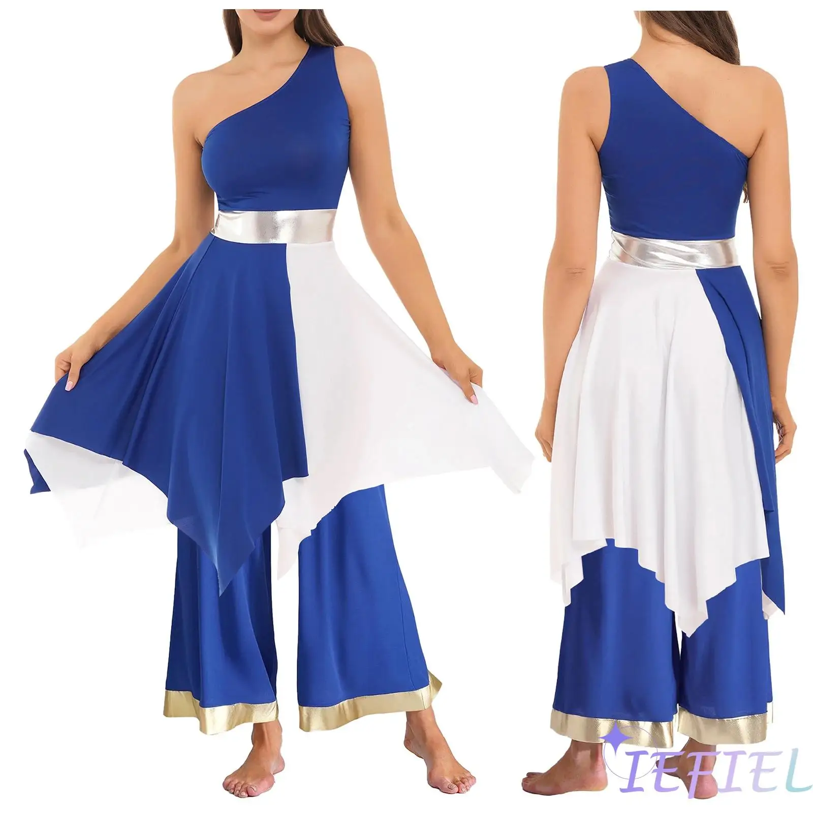 

Womens Lyrical Dance Worship Praise Dance Outfit One Sleeveless Shoulder Contrast Color Irregular Hem Dress with Wide Leg Pants