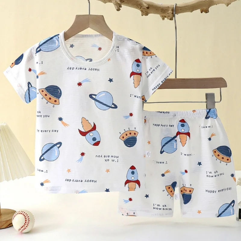 Cotton Pajama Cartoon T-Shirt+Shorts 2-Piece Clothing Set Kids Summer Baby Boys Girls Casual Tracksuit Clothes Suit 0-6 Years