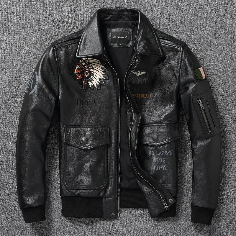 COPERSIAN 2024 latest Indian Embroidery Flight Suit Pure Top layer Cowhide Leather Jacket Men's Oversize Motorcycle Slim Coat