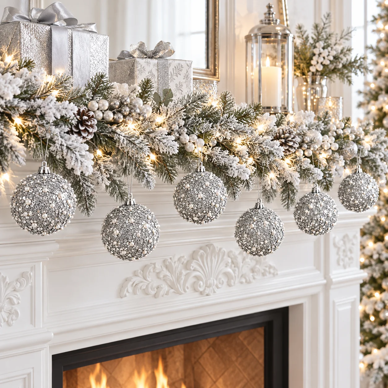 Luxury Silver Sequin & Pearl Christmas Ball Ornaments – 6-Piece Set 5