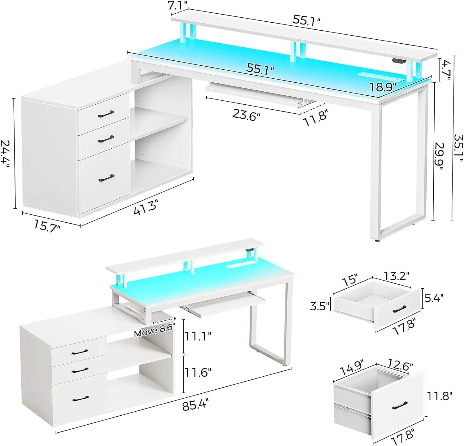 Computer Desk With Drawers And Power Outlet, White Reversible L Shaped Desk With LED Strip & Keyboard Tray, 55 Inch Ho