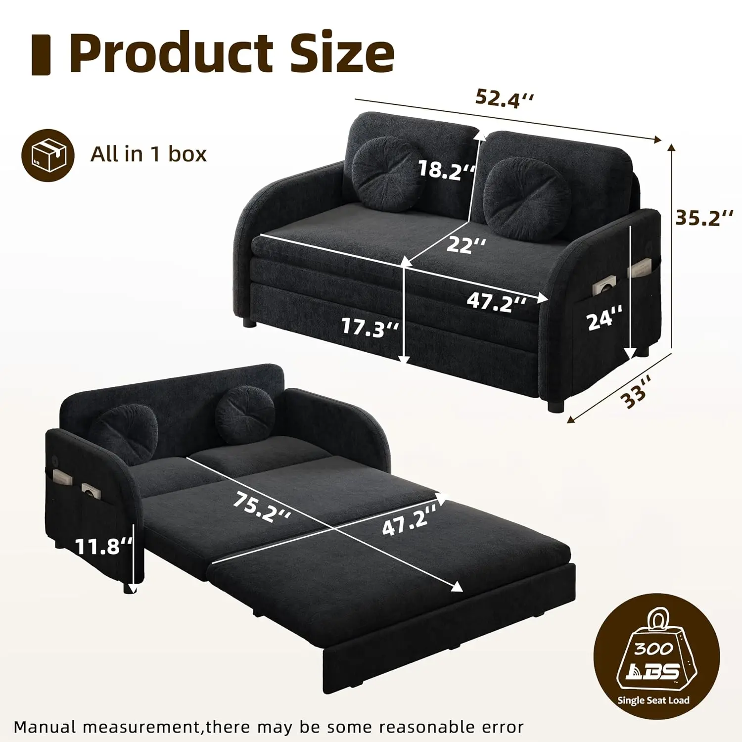 Sleeper Sofa, 3-in-1 Pull Out Loveseat, USB, 2 Pillows, Washable Cover, Pocket, for Living Room, Small Space, 52.4, Customized