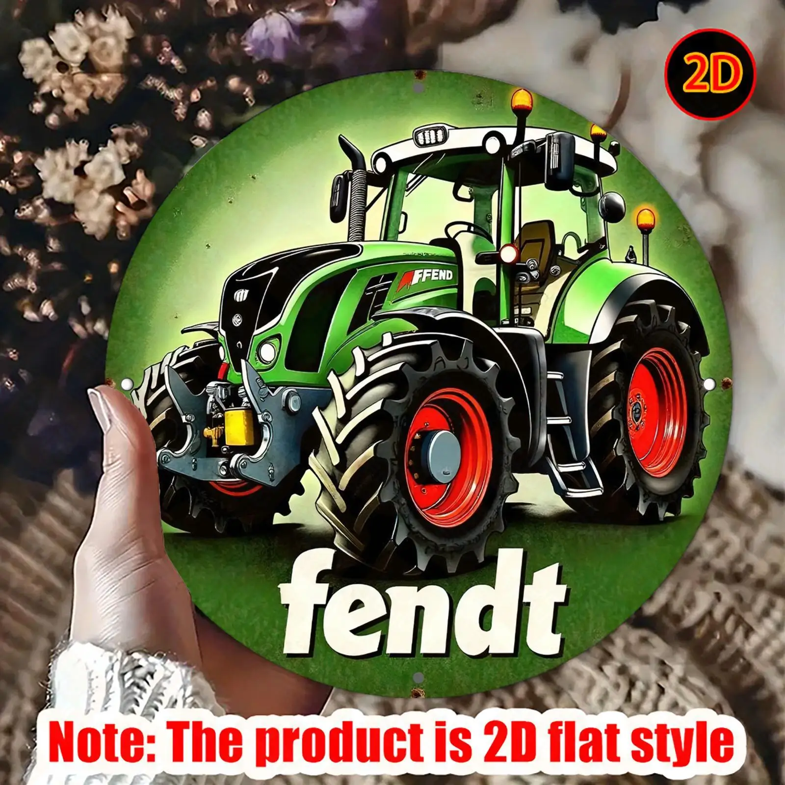 2D Flat – flache 2D-Wandkunst aus Aluminium im Vintage-Stil – Fendt Traktor-Metallschild mit grünen und roten Rädern, gelben Lichtern und „Fendt“