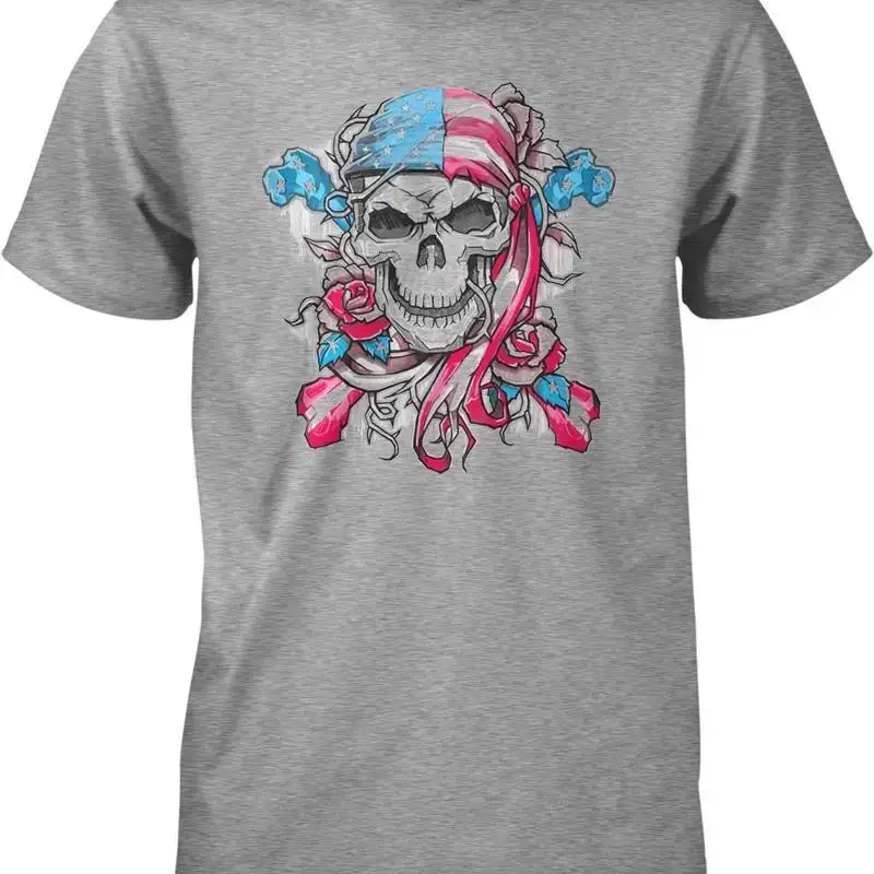 Skull with American Flag Red White and Blue Cross Bones Men's T shirt NOFO_00280