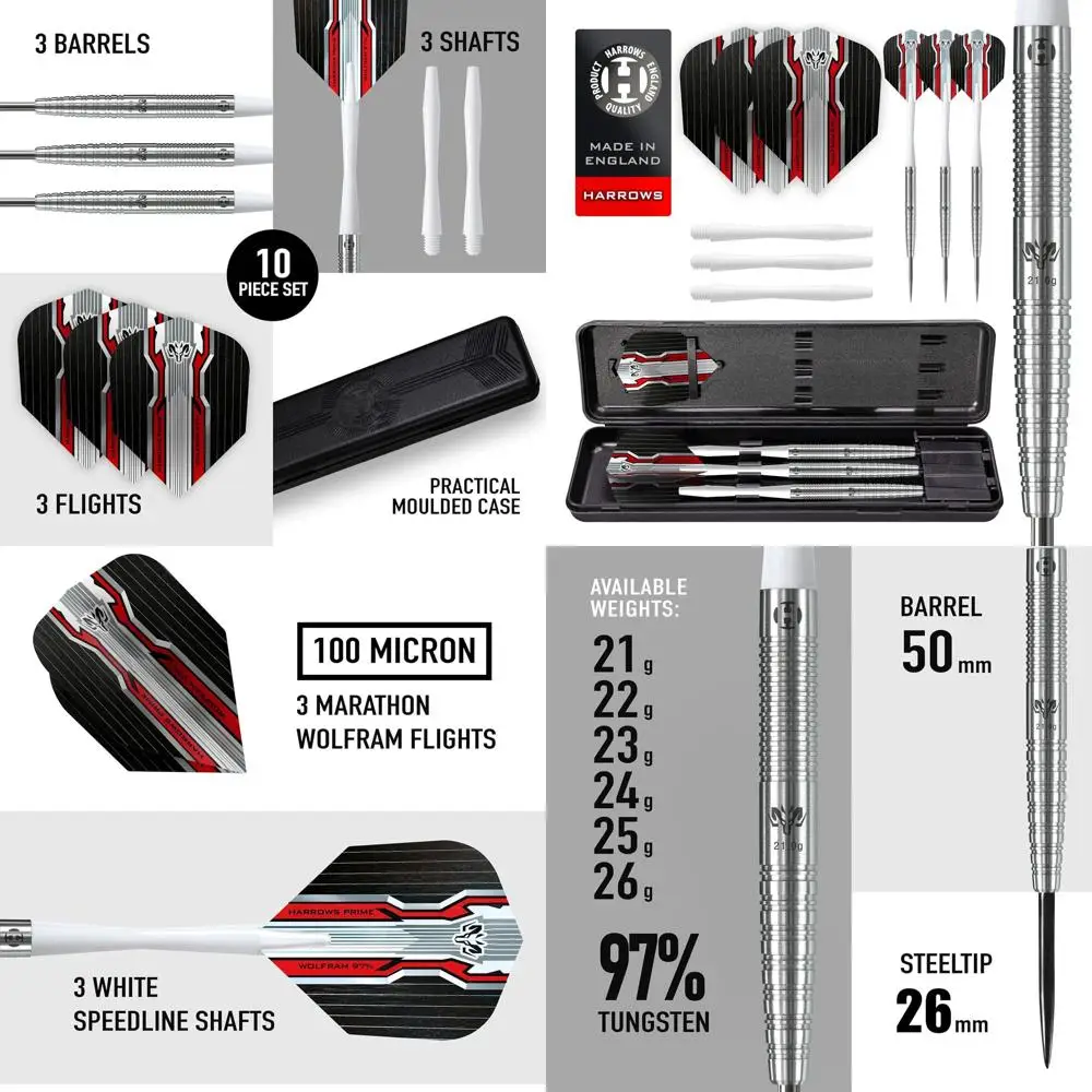 

Набор дротиков Harrows Wolfram с вольфрамовым покрытием 97% 6 грузов, скоростными валами, марафонскими полетами и дорожным футляром