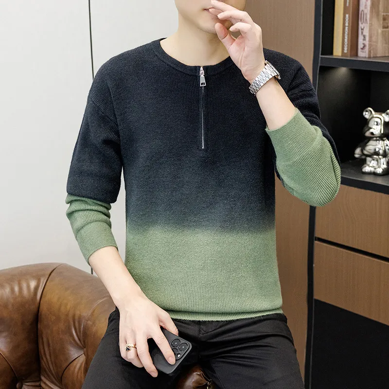 

Мужской модный повседневный свитер с круглым вырезом и молнией, осенне-зимний универсальный градиентный свитер, теплый, удобный, с длинными рукавами