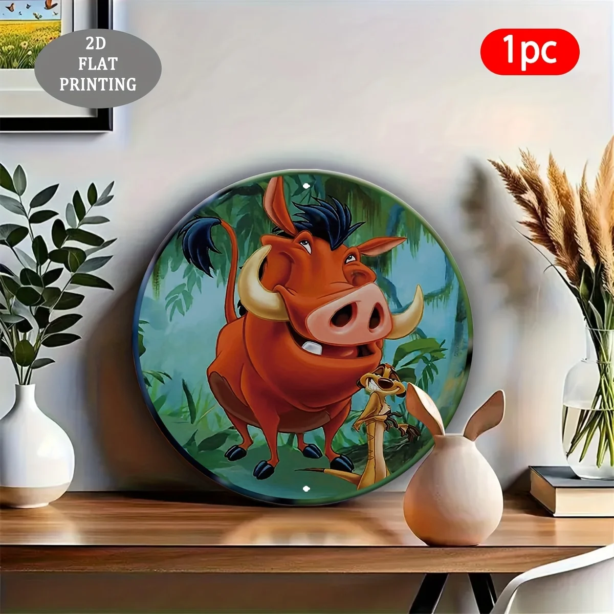 مسطح ثنائي الأبعاد، قطعة واحدة من لوحة فنية جدارية مستديرة من الألومنيوم Lion King Simba & Nala - لوحة زخرفية مسطحة ثنائية الأبعاد مع مشهد الغابة النابضة بالحياة، مثالية f