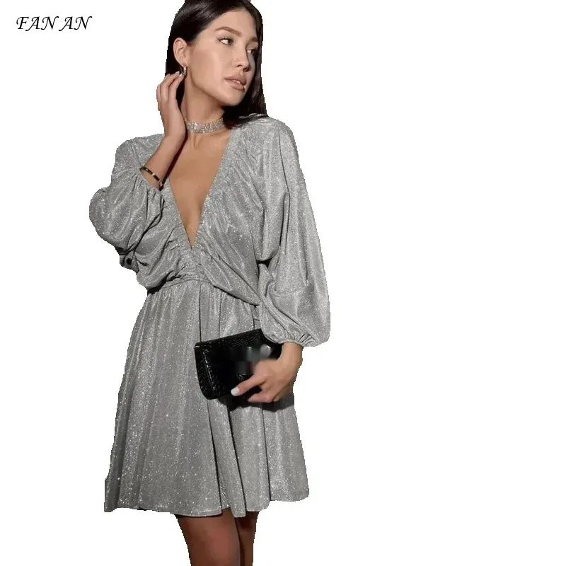 

Europe and the United States Fashion New 2024 V Neck Spring and Summer Sparkling Dress French Solid Color Sexy Skirt Women