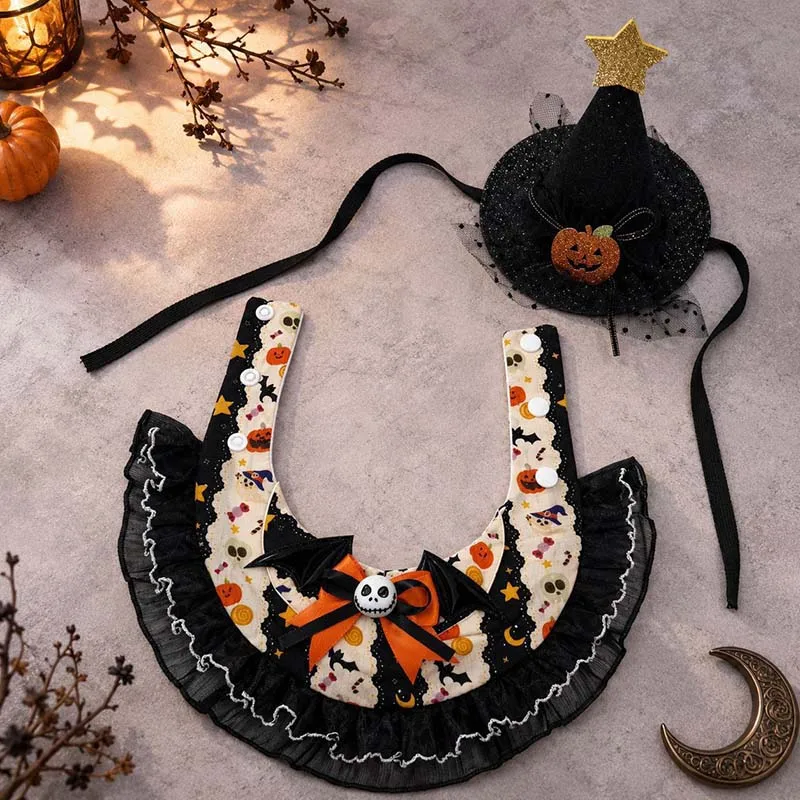 Halloween Pet Costume Set Dog Cat Lace Collar Bib with Bat Wing Bow Skull Decor Mini Witch Hat Pumpkin Star Pet Cosplay Outfit