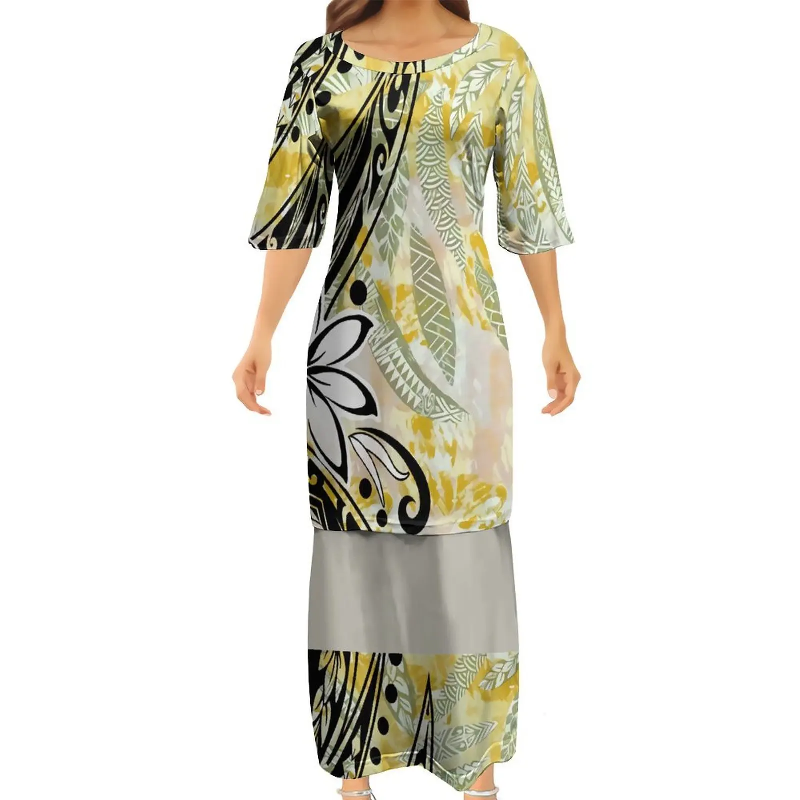 

Polynesian Women's Small Round Neck Midi Sleeve Two Piece Dresses Samoa Summer Puletasi Sheath Dress Hawaiian Women's Clothing