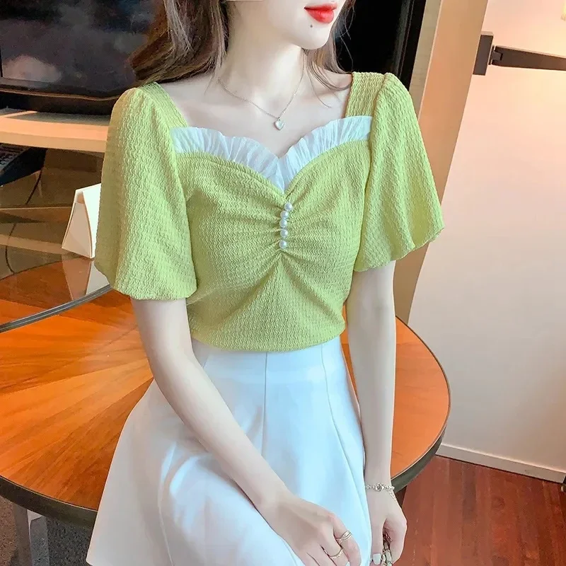 Womens Summer Tops and Blouses 2024 Korean Fashion Clothes Chiffon Blusa Mujer White y2k Vintage Puff Sleeve Tops Casual Shirts