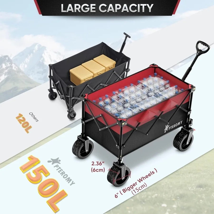عربة عربة قابلة للطي سعة 150 لترًا مع سعة تحميل 360 رطل للتسوق والتخييم والحديقة والبقالة والاستخدام الخارجي بتصميم قابل للطي في Bl