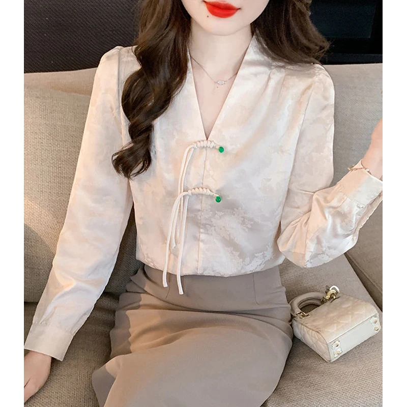 2024 Spring Autumn Women Chinese Style Vintage Satin Blouse Elegant Chic V Neck Slim Shirt Female Casual Solid Long Sleeve Tops