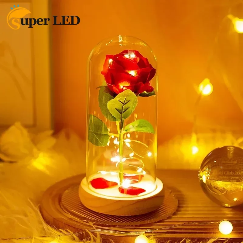 

Hot Selling Wholesale Preserved Rose Glass Dome Light Artificial Flowers Preserved Flowers for Valentines Day Gifts