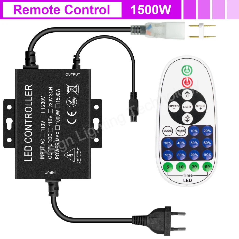 Tira de luces LED de neón de un solo Color, controlador de 750W, 1500W, 220V, 2 pines, 23 teclas, Control remoto IR, Bluetooth, Tuya, WiFi, 5050