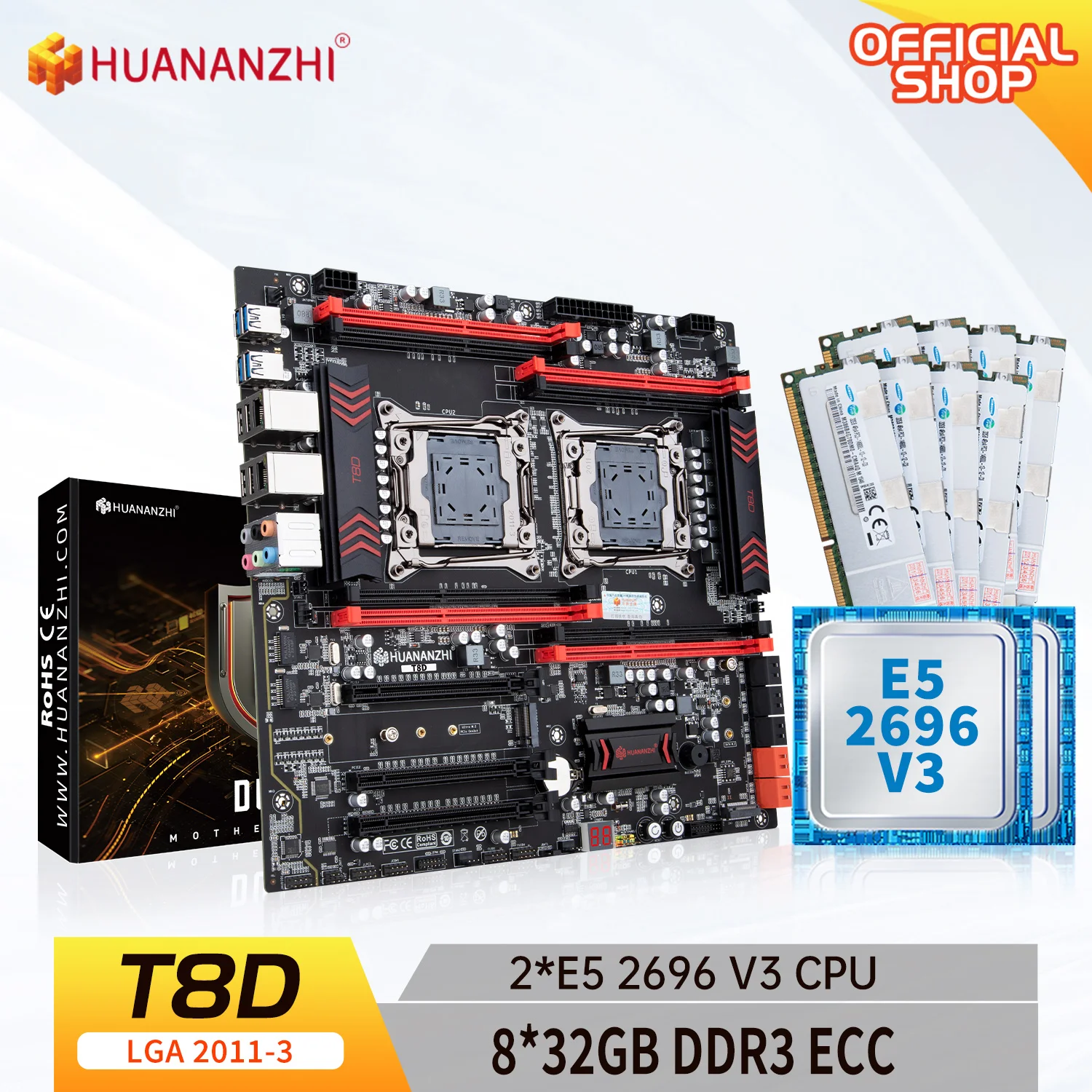 HUANANZHI X99 T8D LGA 2011-3 XEON X99 Motherboard with Intel E5 2696 V3 *2 with 8*32G DDR3 RECC memory combo kit set RU