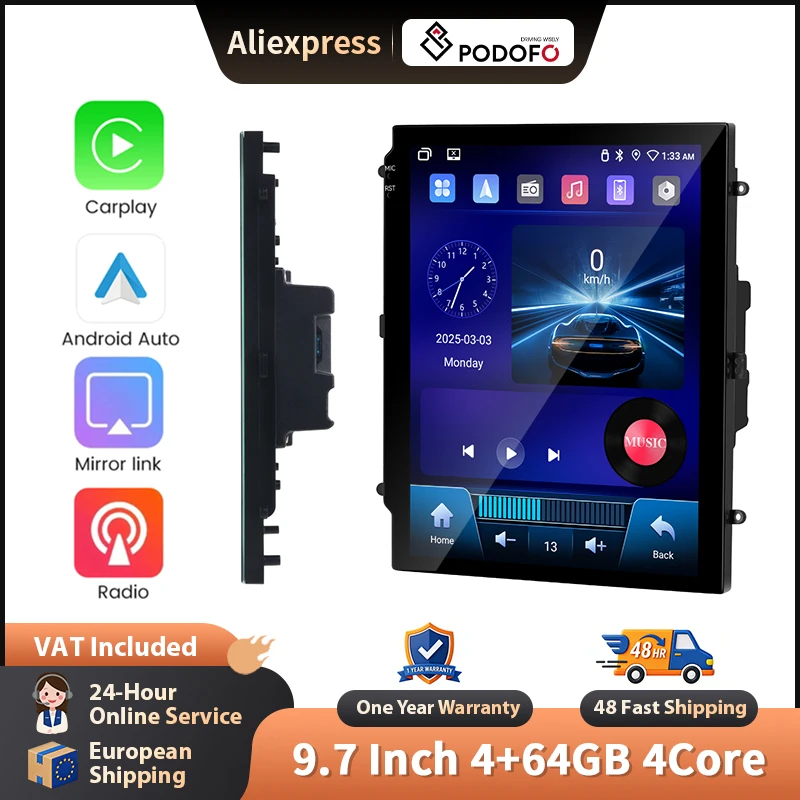 Podofo 9,7-Zoll-Autoradio für universelles kabelloses CarPlay, Android-Auto-Multimedia-Stereo, WIFI, GPS-Navigation, FM/RDS, BT, 2-DIN-Headunit, HD-EQ, Touchscreen, Mirrorlink, Multimedia-Stereo