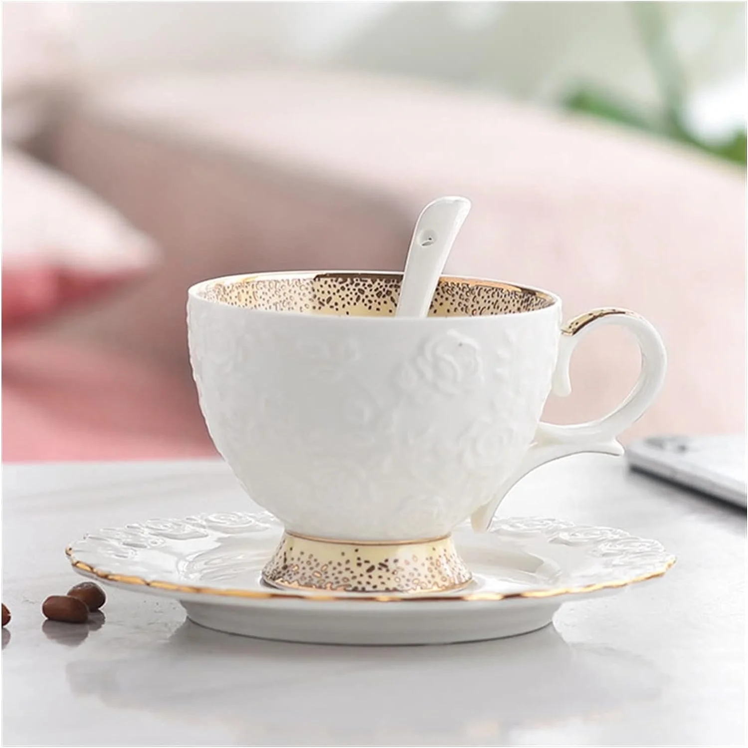 

Cafe Desk Mug Set, 200ml Continental Tea & Coffee Cup, Ceramic Cups Saucer Set - White Porcelain Afternoon Tea Cup Set