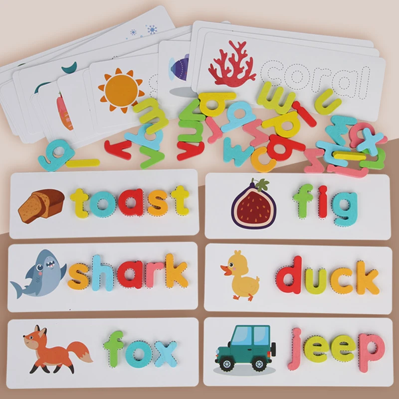 Wooden Spelling English Words Puzzles Games with 25 Learning Cards,26 Lowercase English Letters Blocks Montessori Teaching Aids