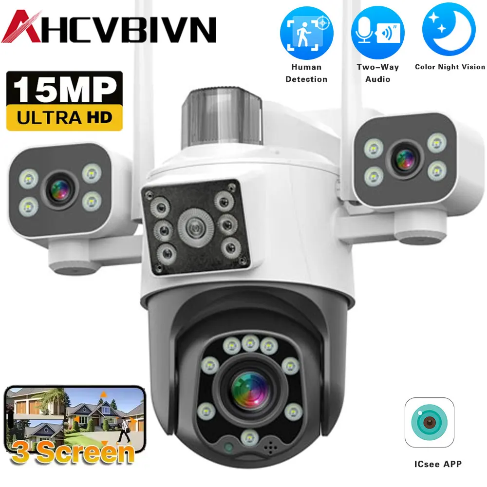 

15MP 3-lens 3-Screen WiFi Camera 360° PTZ Control Bidirectional Audio Monitoring Intelligent Motion Tracking Security Camera