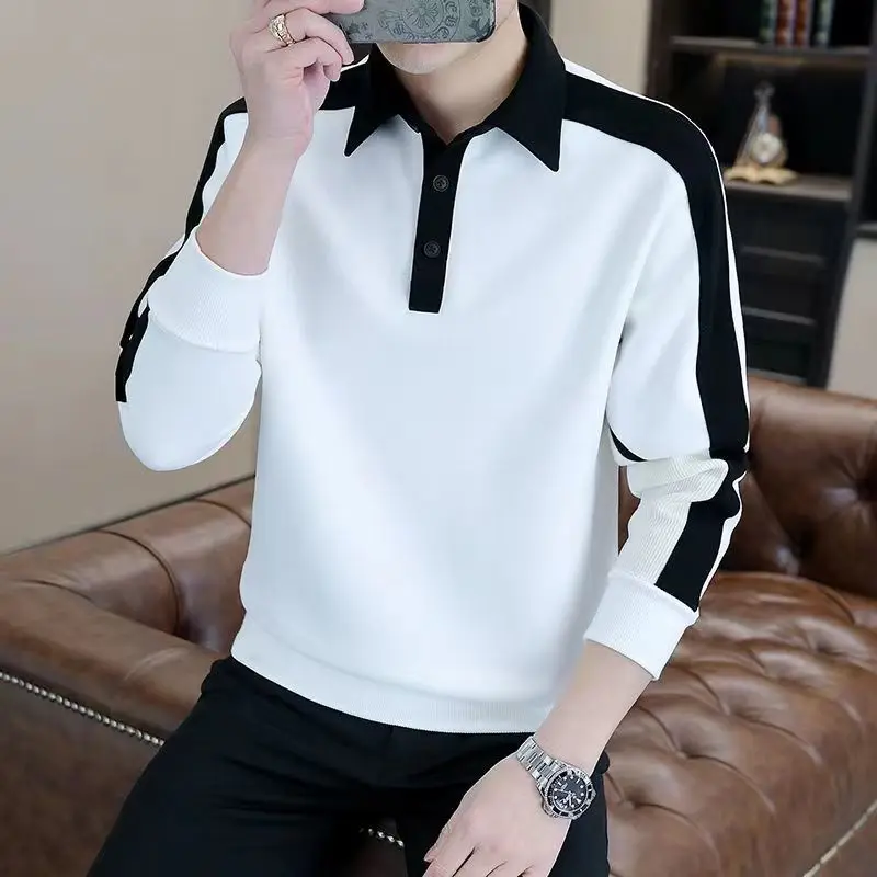 

Men's Spring Autumn Turn-down Collar Solid Button Screw Thread Long Sleeve T-shirt Casual Formal England Style Loose Polo Tops