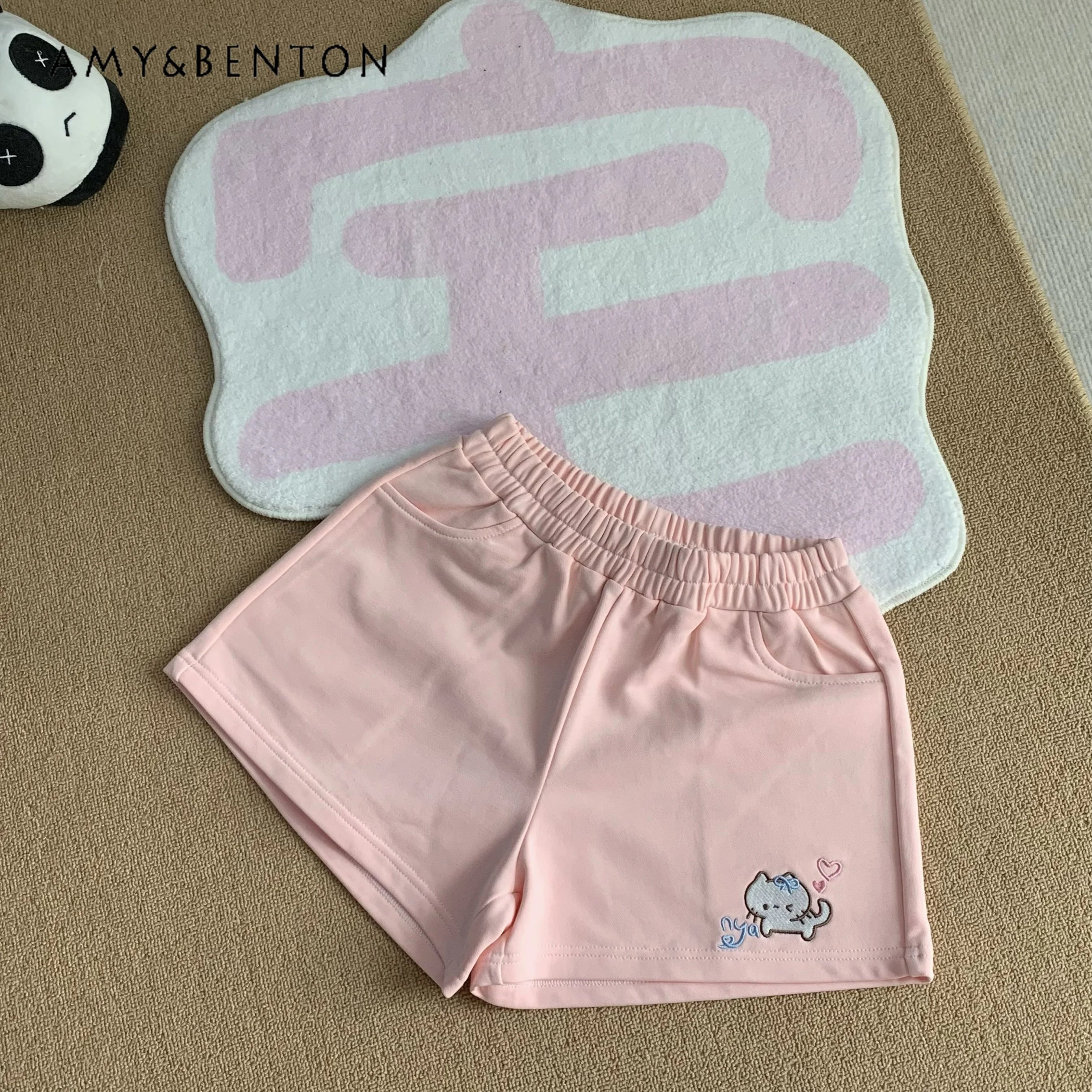 Cute Kawaii Cartoon Embroidered Shorts Summer New Japanese Preppy Style Solid Color Versatile High-waisted Slim Wide-leg Pants